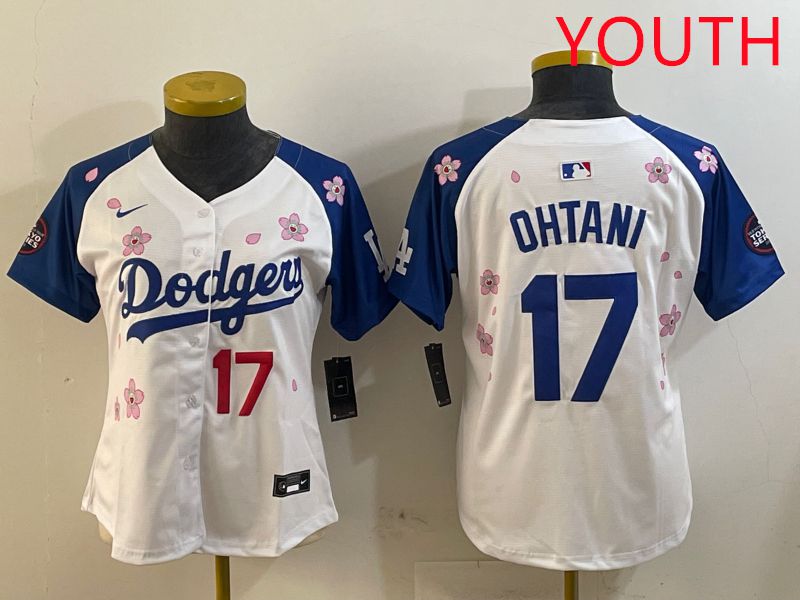 Youth Los Angeles Dodgers #17 Ohtani White Blue Sakura Edition 2025 Nike MLB Jersey style 7